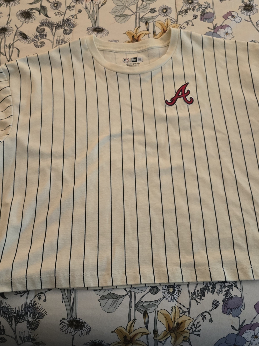 New Era Cream Pinstripe T-Shirt with Red 'A' Logo